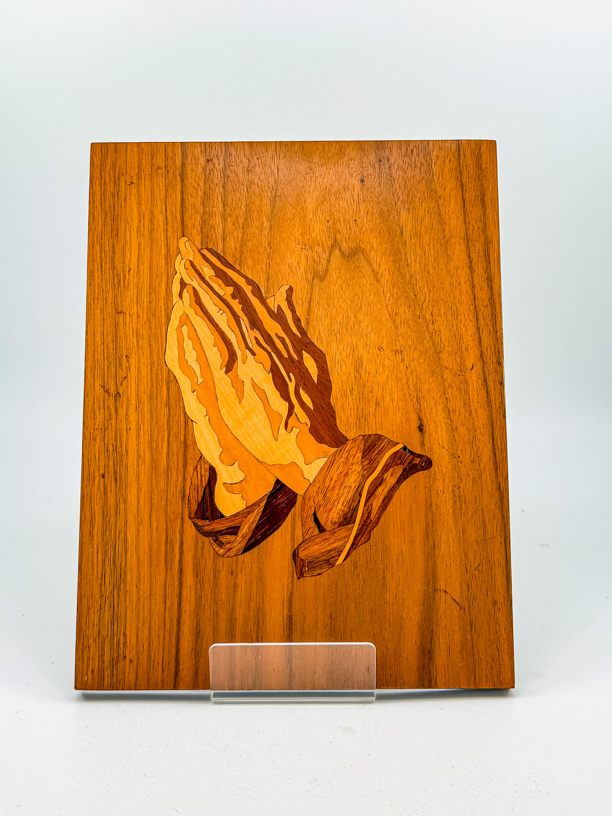Vintage 1980 Signed Wood Marquetry Inlay Picture of Praying Hands with Certificate