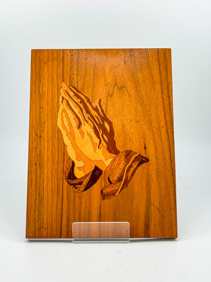Vintage 1980 Signed Wood Marquetry Inlay Picture of Praying Hands with Certificate