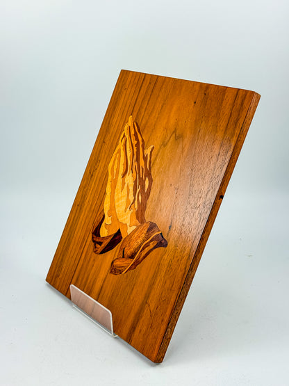 Vintage 1980 Signed Wood Marquetry Inlay Picture of Praying Hands with Certificate