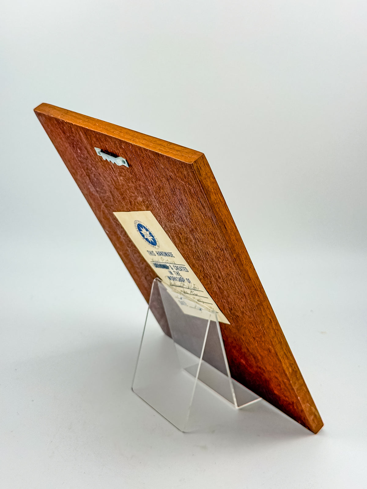 Vintage 1980 Signed Wood Marquetry Inlay Picture of Praying Hands with Certificate