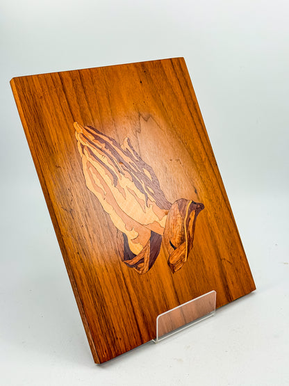 Vintage 1980 Signed Wood Marquetry Inlay Picture of Praying Hands with Certificate