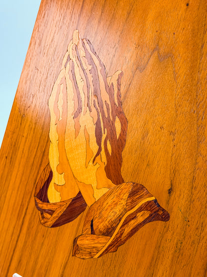 Vintage 1980 Signed Wood Marquetry Inlay Picture of Praying Hands with Certificate