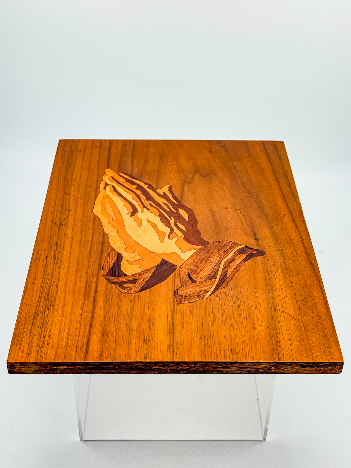 Vintage 1980 Signed Wood Marquetry Inlay Picture of Praying Hands with Certificate