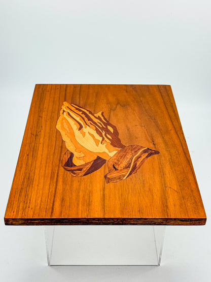 Vintage 1980 Signed Wood Marquetry Inlay Picture of Praying Hands with Certificate