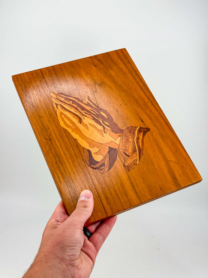 Vintage 1980 Signed Wood Marquetry Inlay Picture of Praying Hands with Certificate