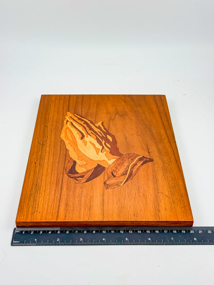 Vintage 1980 Signed Wood Marquetry Inlay Picture of Praying Hands with Certificate