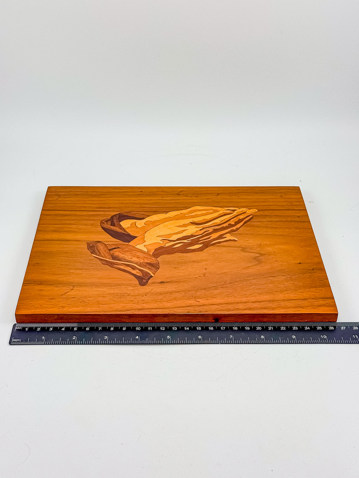 Vintage 1980 Signed Wood Marquetry Inlay Picture of Praying Hands with Certificate