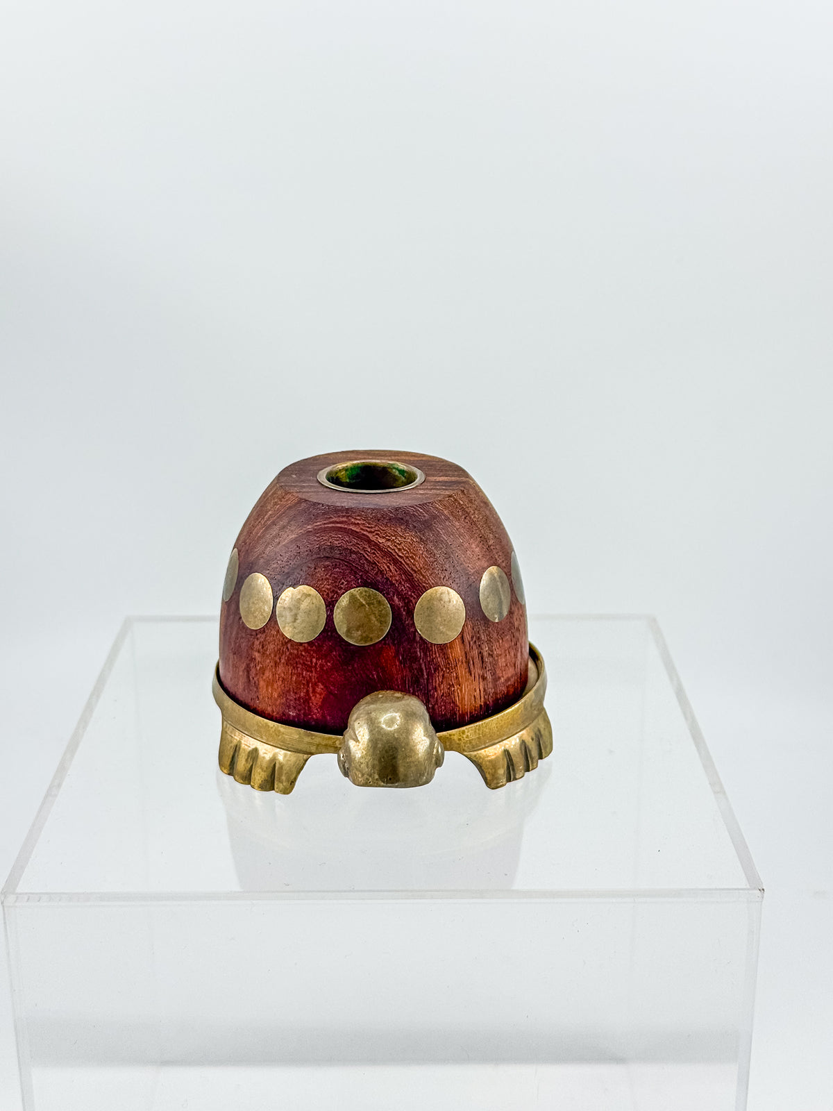 Vintage Turtle Candle Holder with Wooden Shell and Brass Accents