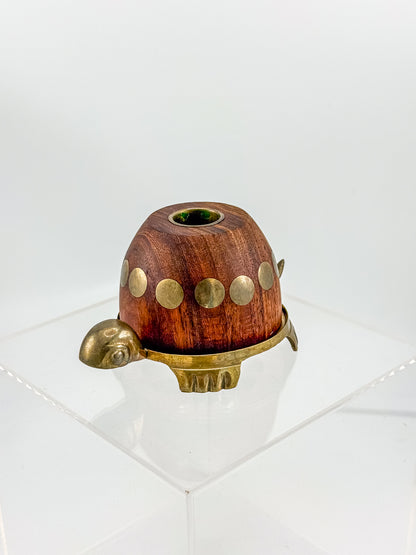 Vintage Turtle Candle Holder with Wooden Shell and Brass Accents