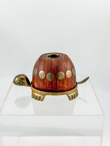 Vintage Turtle Candle Holder with Wooden Shell and Brass Accents