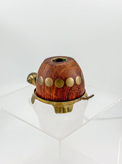 Vintage Turtle Candle Holder with Wooden Shell and Brass Accents