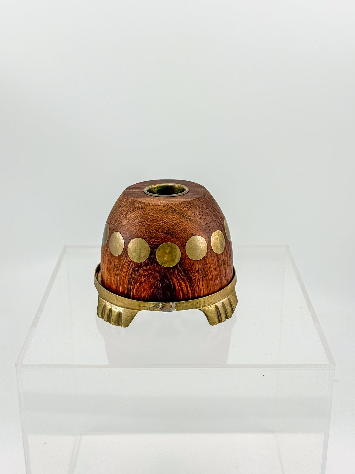 Vintage Turtle Candle Holder with Wooden Shell and Brass Accents