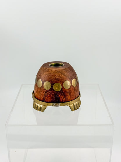 Vintage Turtle Candle Holder with Wooden Shell and Brass Accents