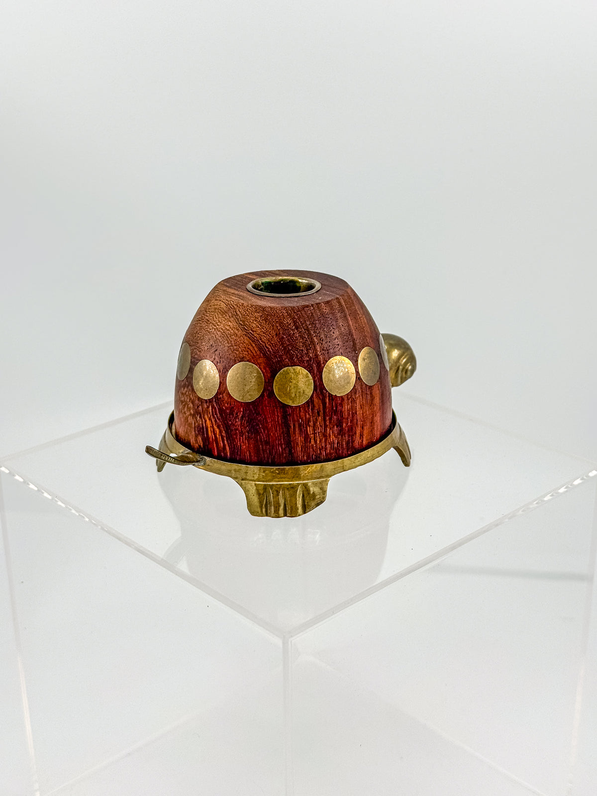 Vintage Turtle Candle Holder with Wooden Shell and Brass Accents