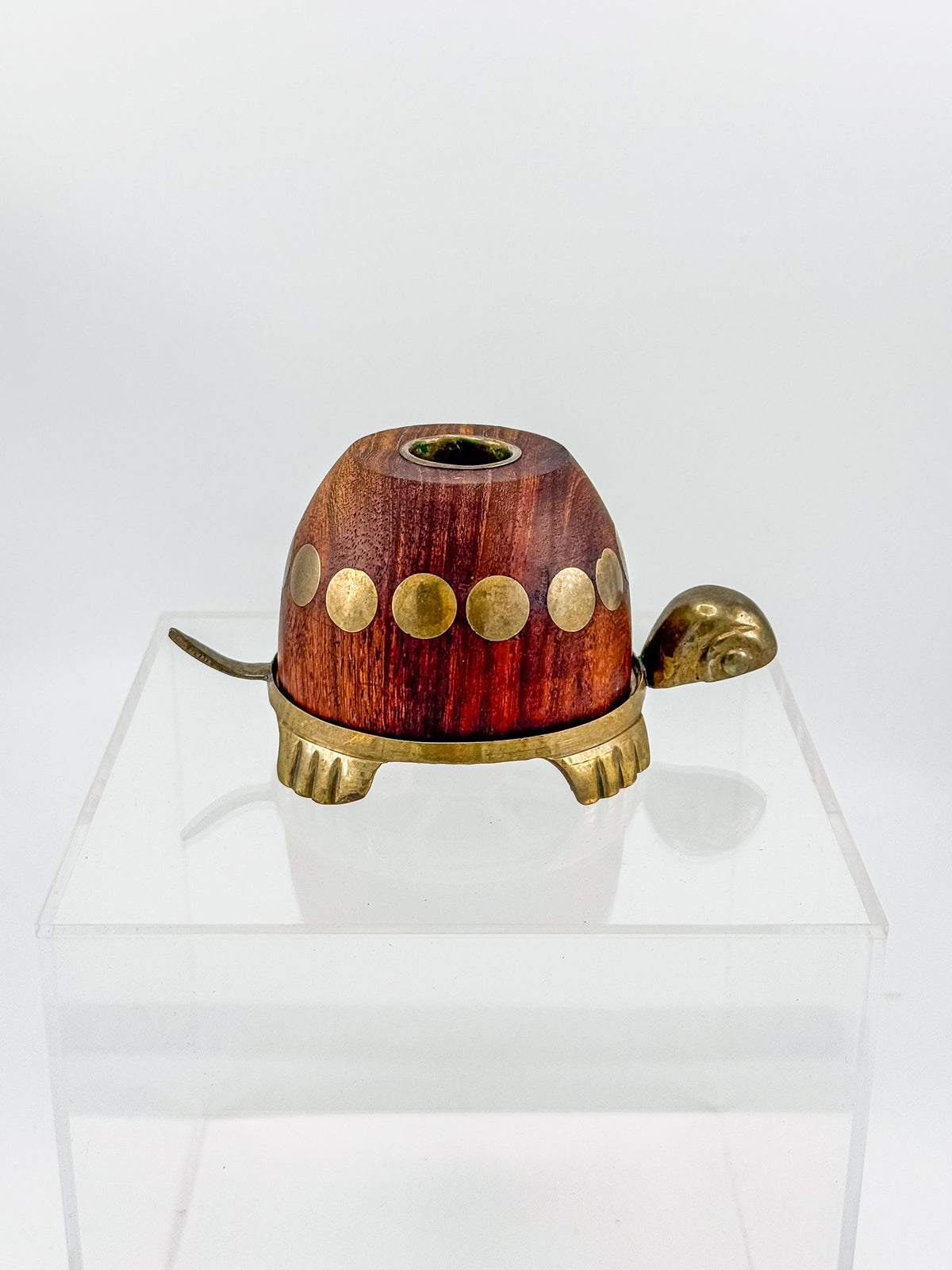 Vintage Turtle Candle Holder with Wooden Shell and Brass Accents