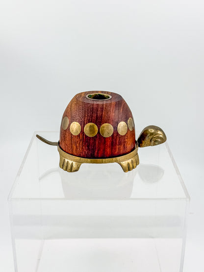 Vintage Turtle Candle Holder with Wooden Shell and Brass Accents