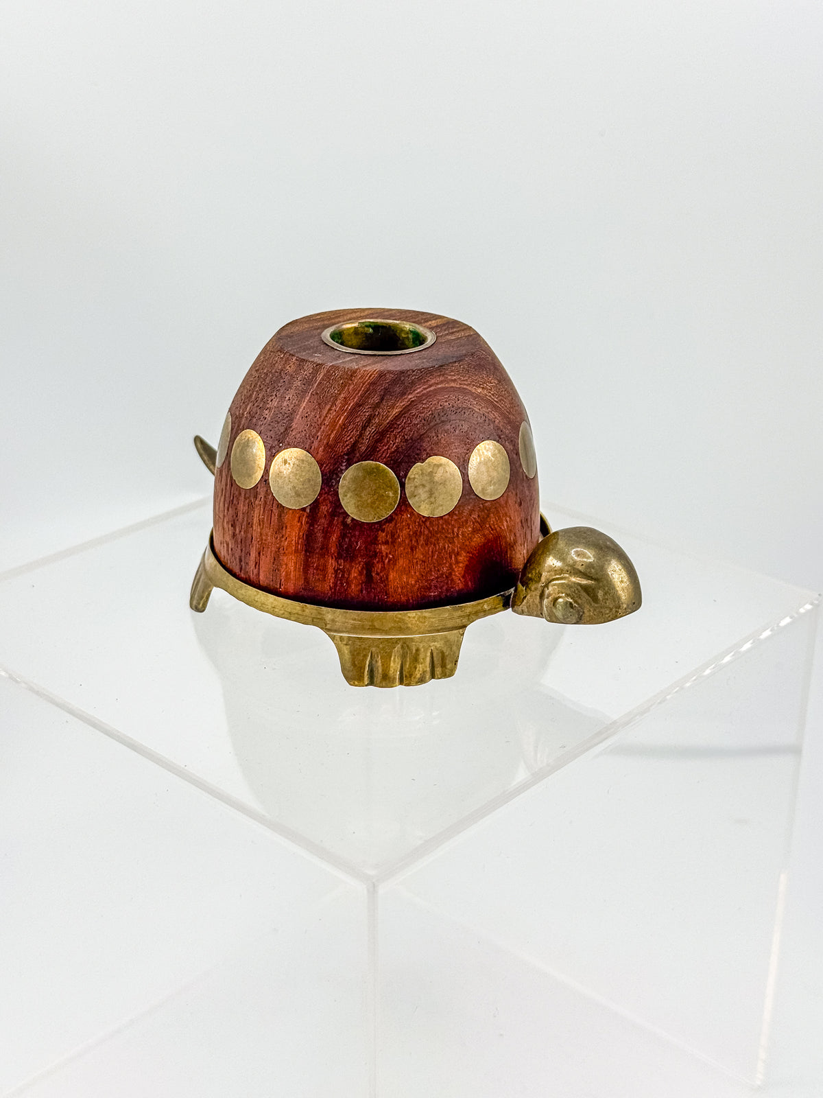 Vintage Turtle Candle Holder with Wooden Shell and Brass Accents