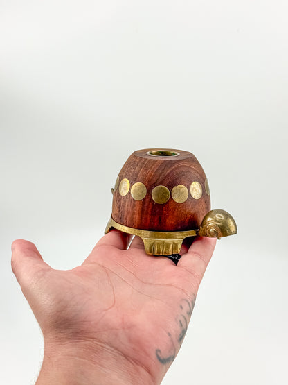 Vintage Turtle Candle Holder with Wooden Shell and Brass Accents