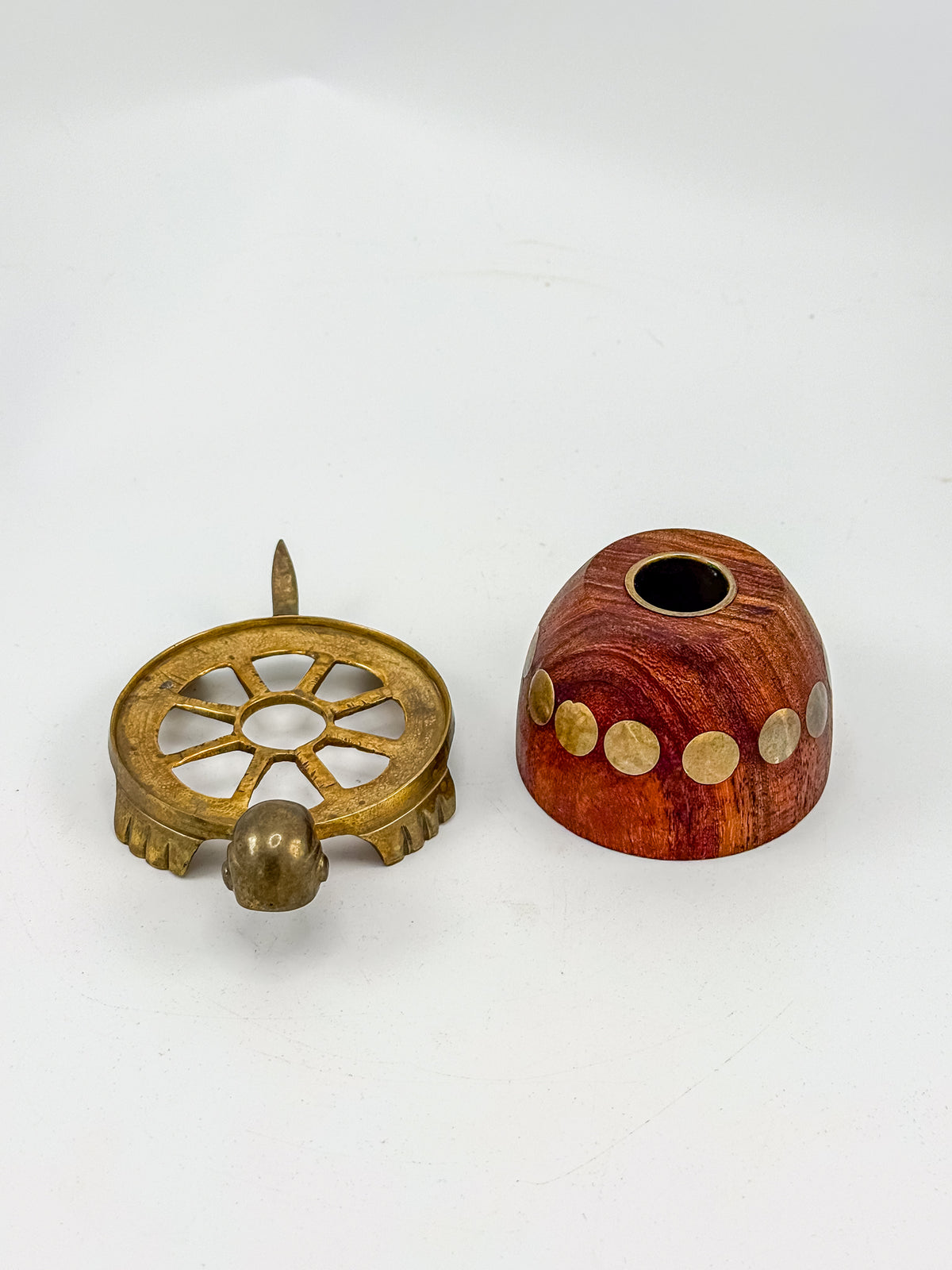 Vintage Turtle Candle Holder with Wooden Shell and Brass Accents