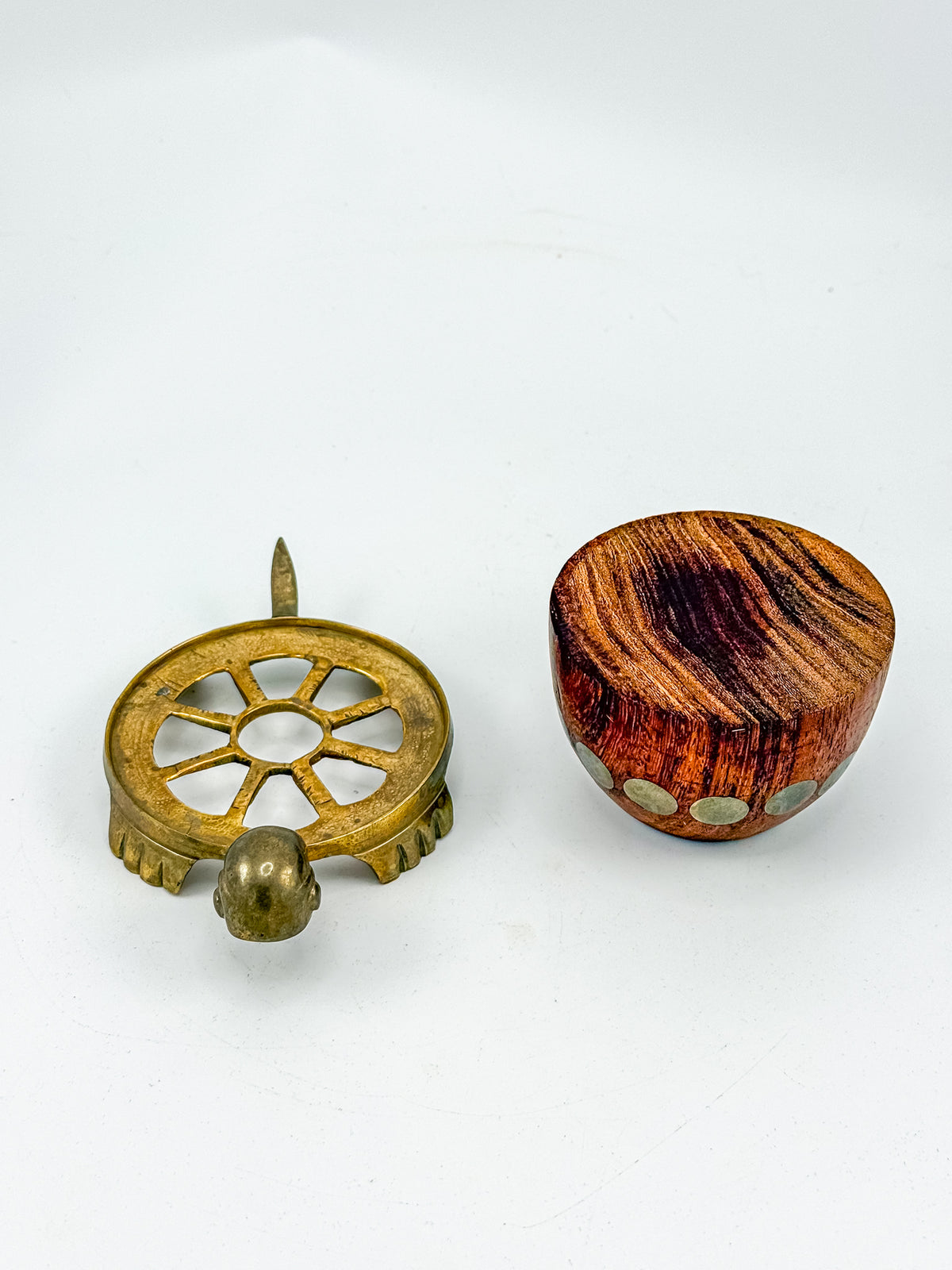 Vintage Turtle Candle Holder with Wooden Shell and Brass Accents