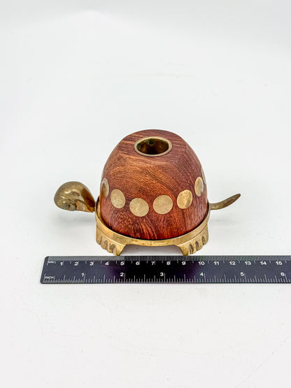Vintage Turtle Candle Holder with Wooden Shell and Brass Accents