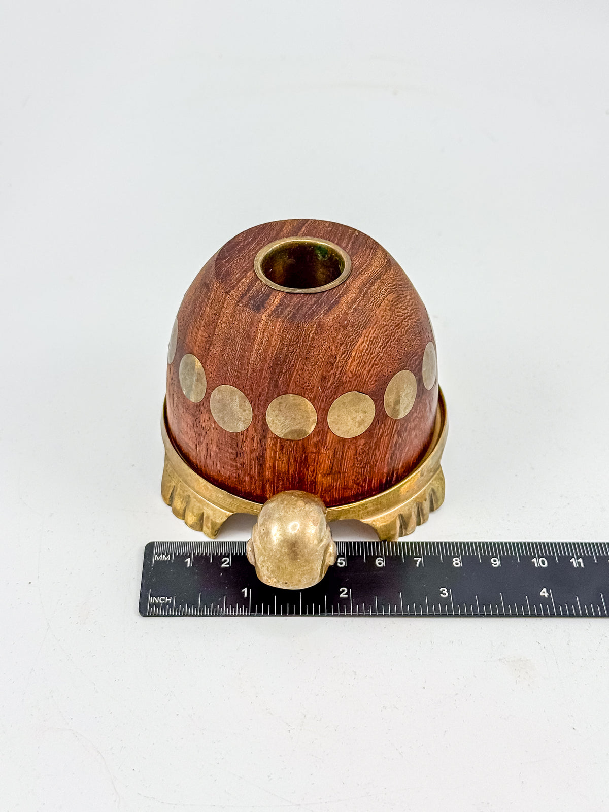 Vintage Turtle Candle Holder with Wooden Shell and Brass Accents