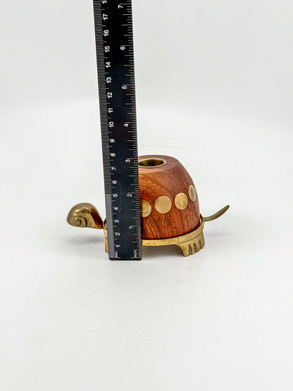 Vintage Turtle Candle Holder with Wooden Shell and Brass Accents
