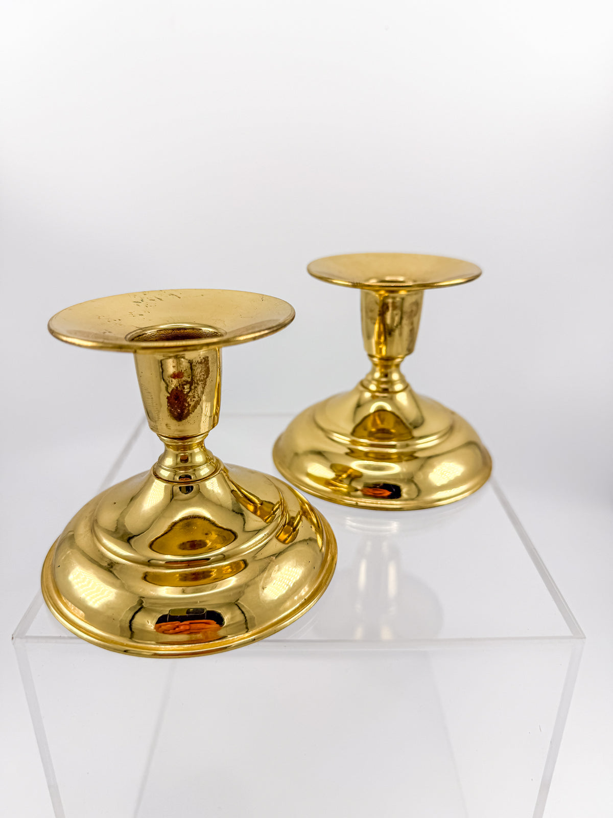 Vintage Brass Taper Candle Holders with Round Bases, Sold as a Pair