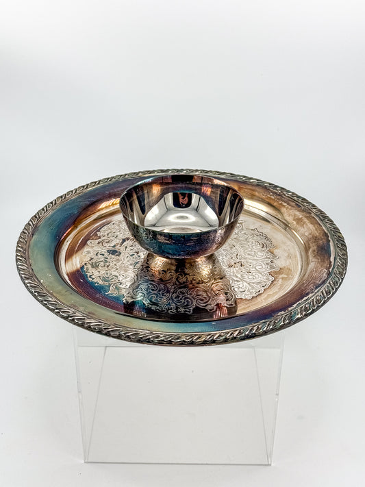 Vintage Silverplate Round Serving Tray with Attached Bowl, Ornate Scrollwork and Multicolored Patina