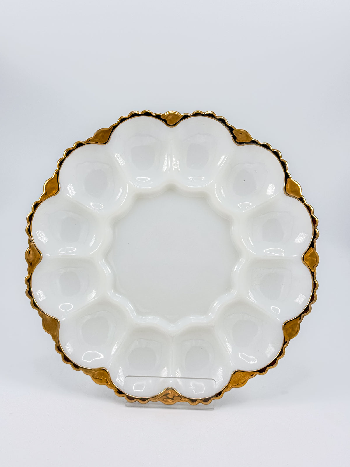 Vintage Fire-King by Anchor Hocking Milk Glass Deviled Egg Platter with Gold Trim and Scalloped Rim