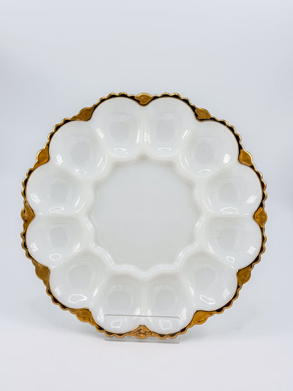 Vintage Fire-King by Anchor Hocking Milk Glass Deviled Egg Platter with Gold Trim and Scalloped Rim