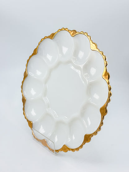 Vintage Fire-King by Anchor Hocking Milk Glass Deviled Egg Platter with Gold Trim and Scalloped Rim