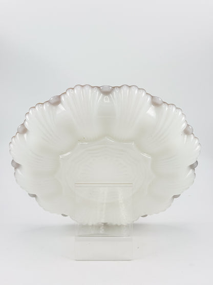Vintage Fire-King by Anchor Hocking Milk Glass Deviled Egg Platter with Gold Trim and Scalloped Rim