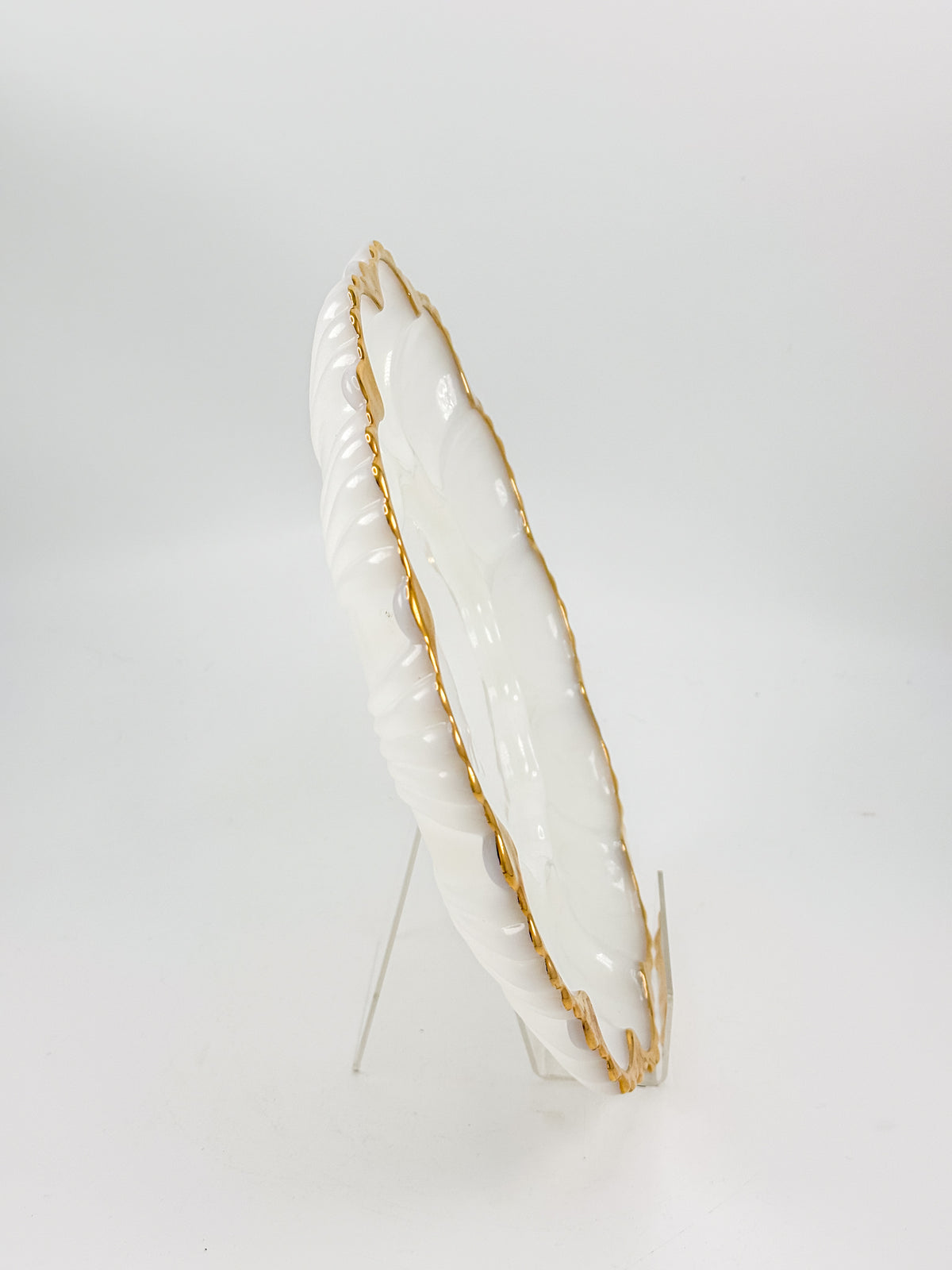 Vintage Fire-King by Anchor Hocking Milk Glass Deviled Egg Platter with Gold Trim and Scalloped Rim