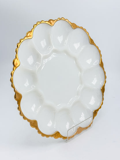Vintage Fire-King by Anchor Hocking Milk Glass Deviled Egg Platter with Gold Trim and Scalloped Rim