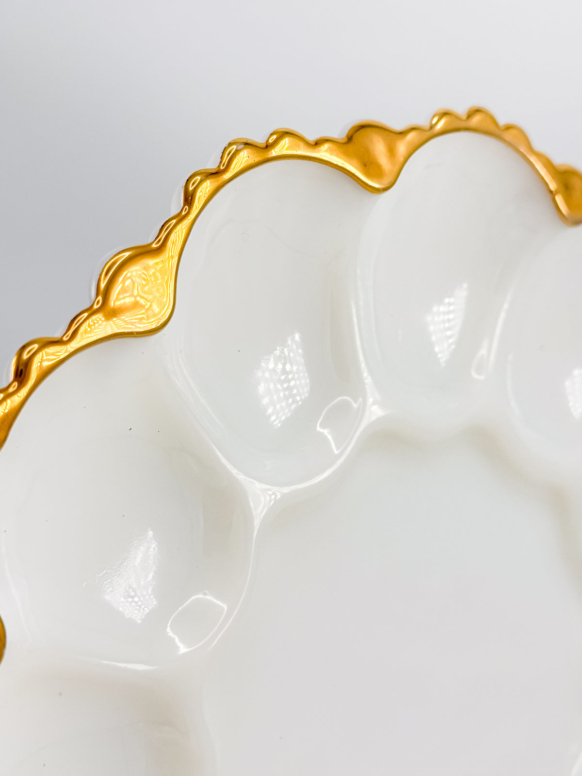 Vintage Fire-King by Anchor Hocking Milk Glass Deviled Egg Platter with Gold Trim and Scalloped Rim