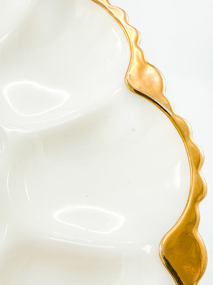 Vintage Fire-King by Anchor Hocking Milk Glass Deviled Egg Platter with Gold Trim and Scalloped Rim