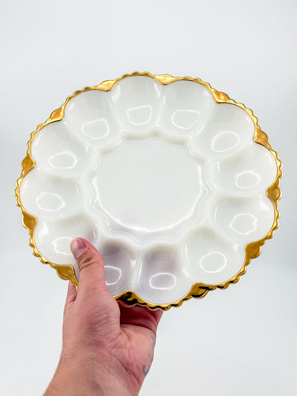 Vintage Fire-King by Anchor Hocking Milk Glass Deviled Egg Platter with Gold Trim and Scalloped Rim
