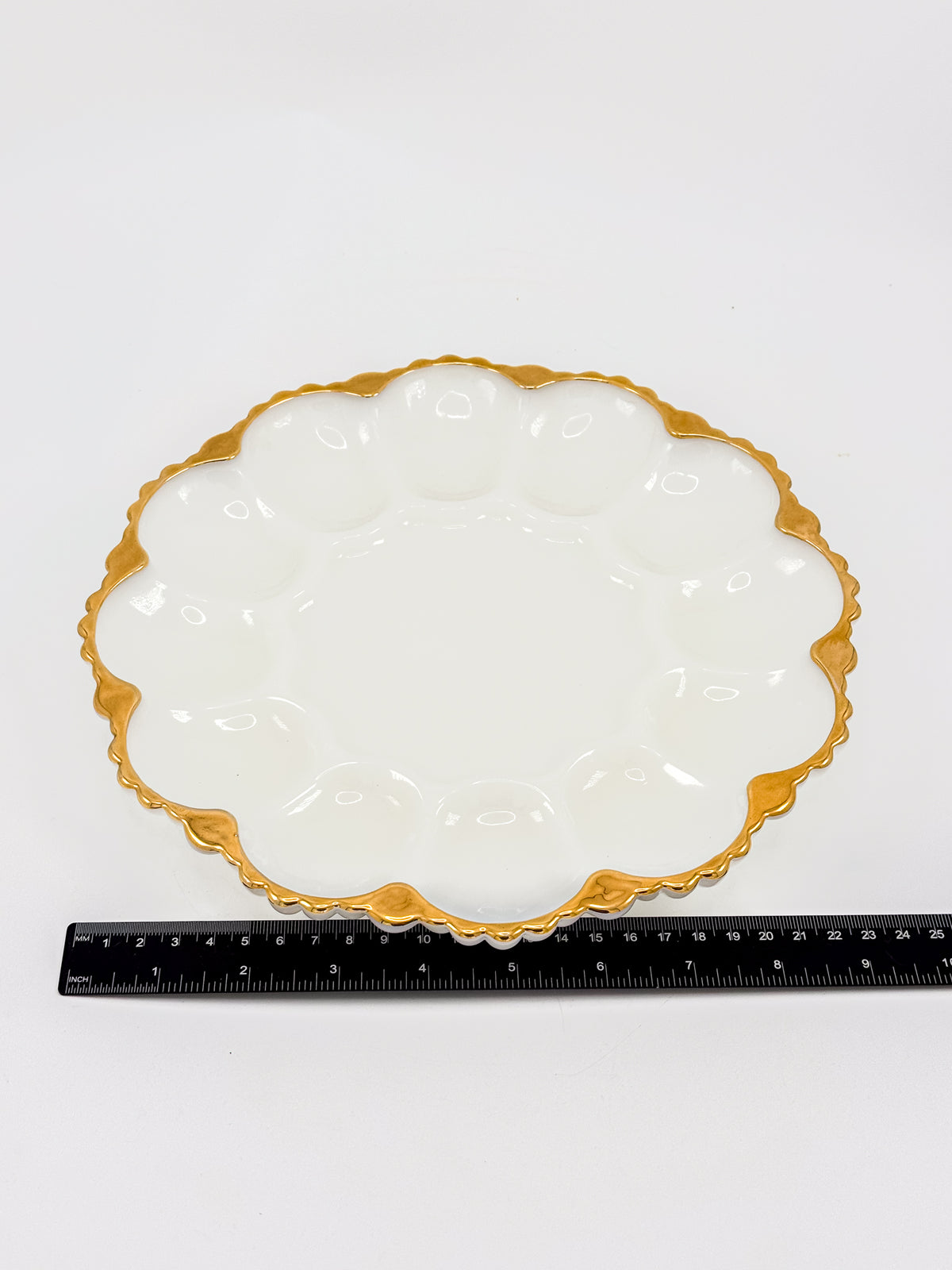 Vintage Fire-King by Anchor Hocking Milk Glass Deviled Egg Platter with Gold Trim and Scalloped Rim