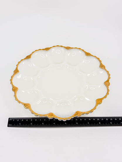 Vintage Fire-King by Anchor Hocking Milk Glass Deviled Egg Platter with Gold Trim and Scalloped Rim
