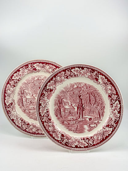 Vintage Homer Laughlin Currier & Ives Home Sweet Home Red Transferware Plate, Sold Individually, Not a Set