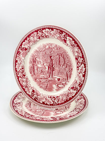 Vintage Homer Laughlin Currier & Ives Home Sweet Home Red Transferware Plate, Sold Individually, Not a Set