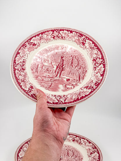 Vintage Homer Laughlin Currier & Ives Home Sweet Home Red Transferware Plate, Sold Individually, Not a Set