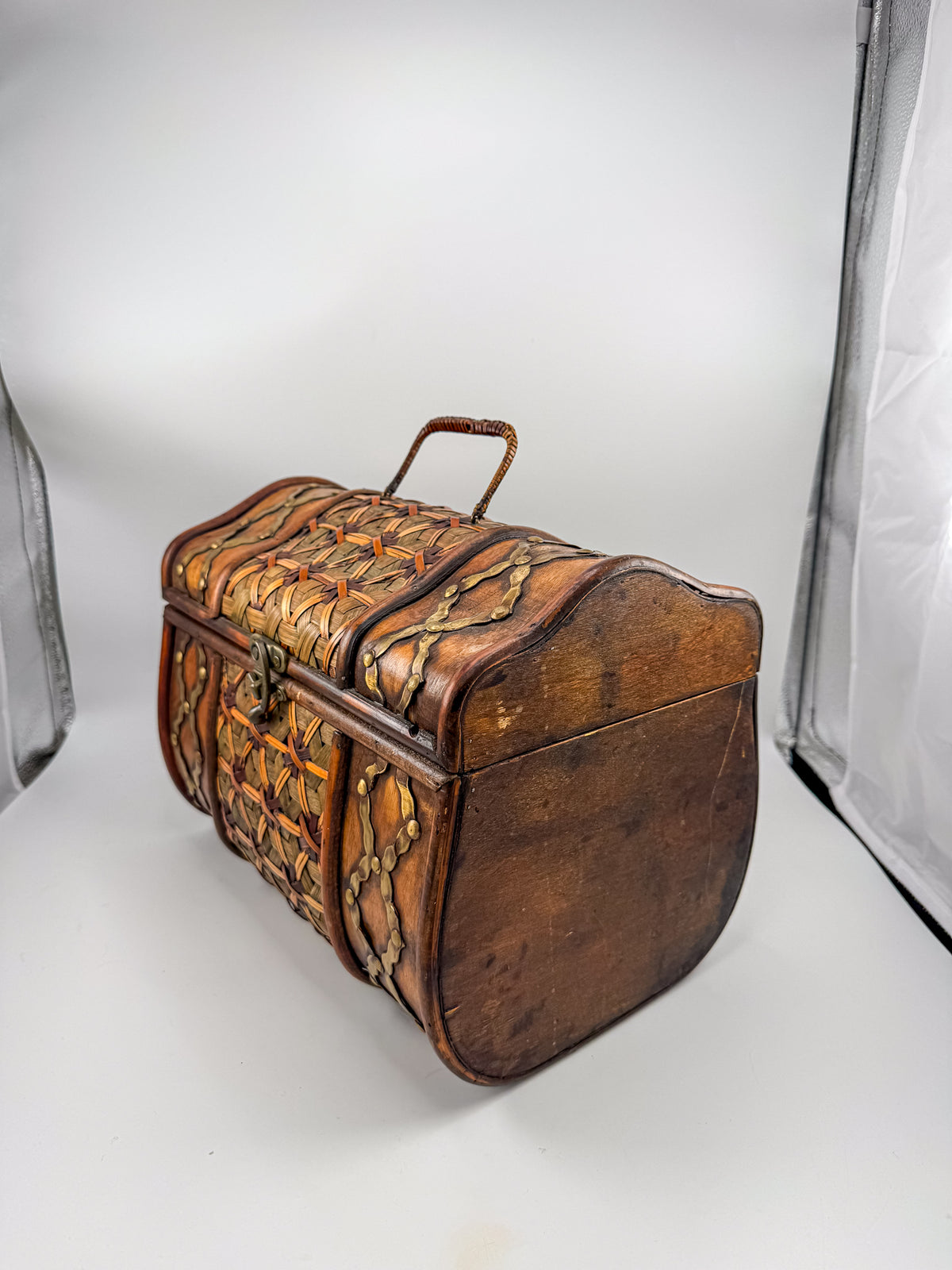 Rustic Wooden Treasure Chest with Woven Panels, Domed Lid and Decorative Metal Accents