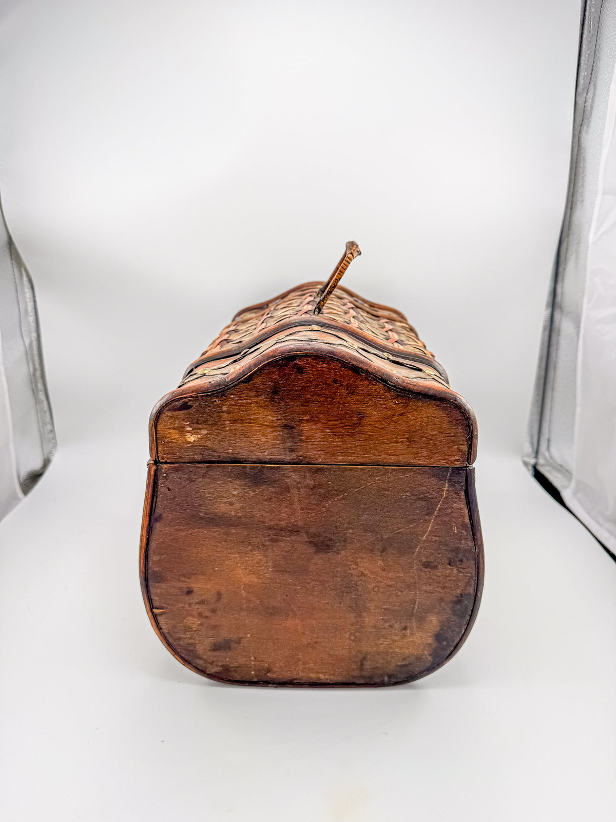 Rustic Wooden Treasure Chest with Woven Panels, Domed Lid and Decorative Metal Accents