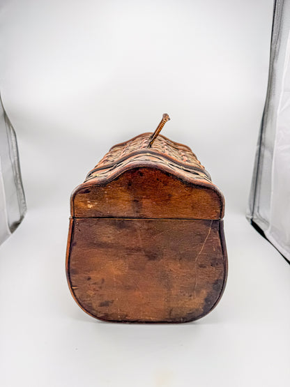 Rustic Wooden Treasure Chest with Woven Panels, Domed Lid and Decorative Metal Accents