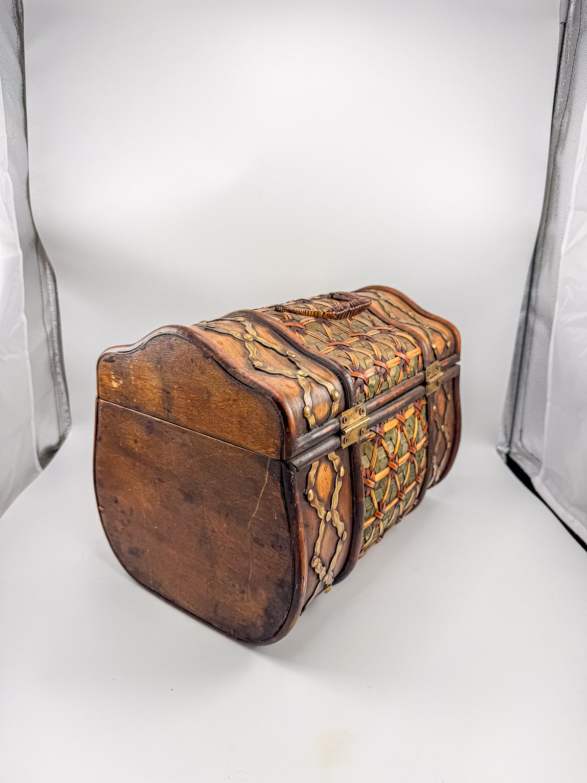 Rustic Wooden Treasure Chest with Woven Panels, Domed Lid and Decorative Metal Accents