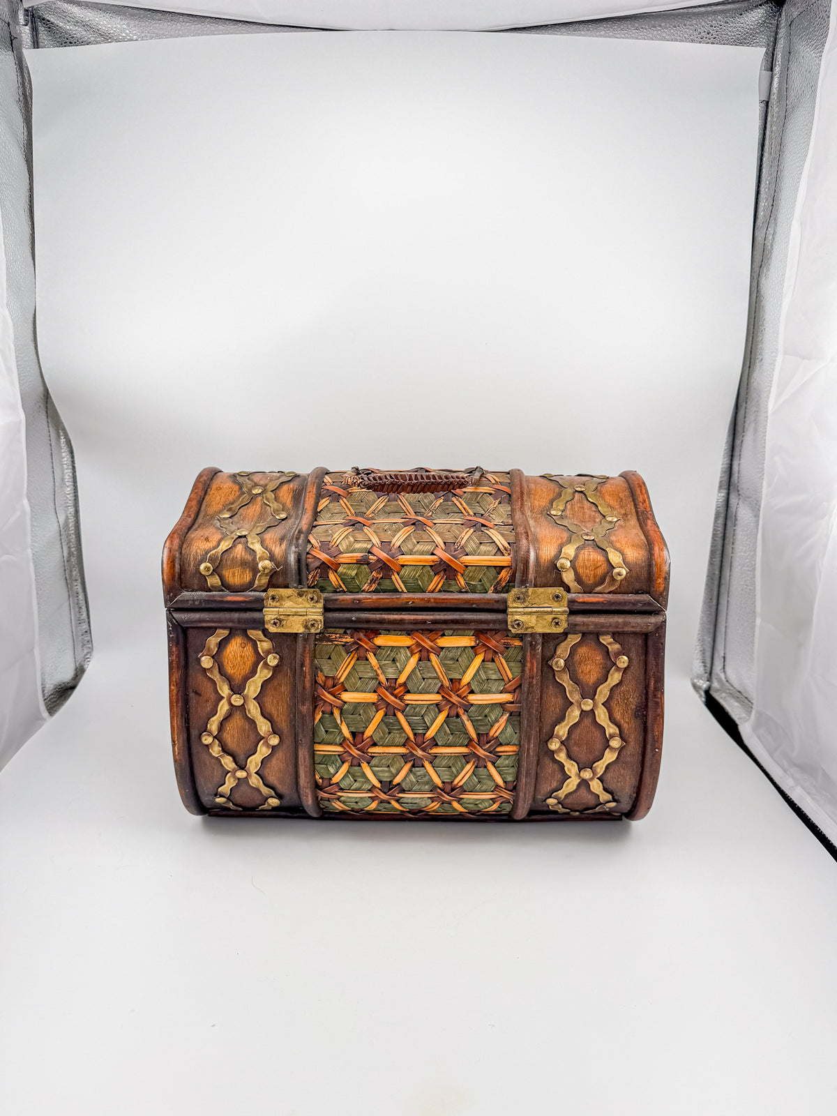 Rustic Wooden Treasure Chest with Woven Panels, Domed Lid and Decorative Metal Accents