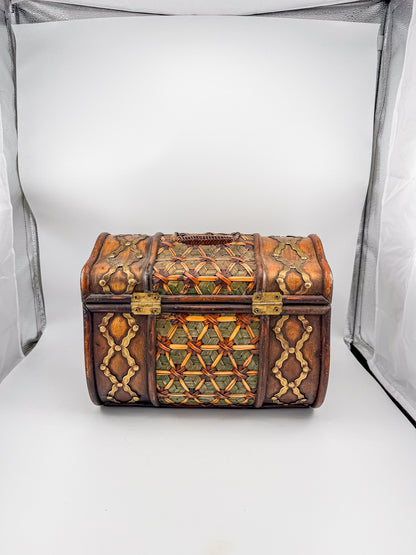 Rustic Wooden Treasure Chest with Woven Panels, Domed Lid and Decorative Metal Accents