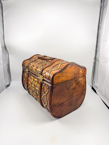 Rustic Wooden Treasure Chest with Woven Panels, Domed Lid and Decorative Metal Accents